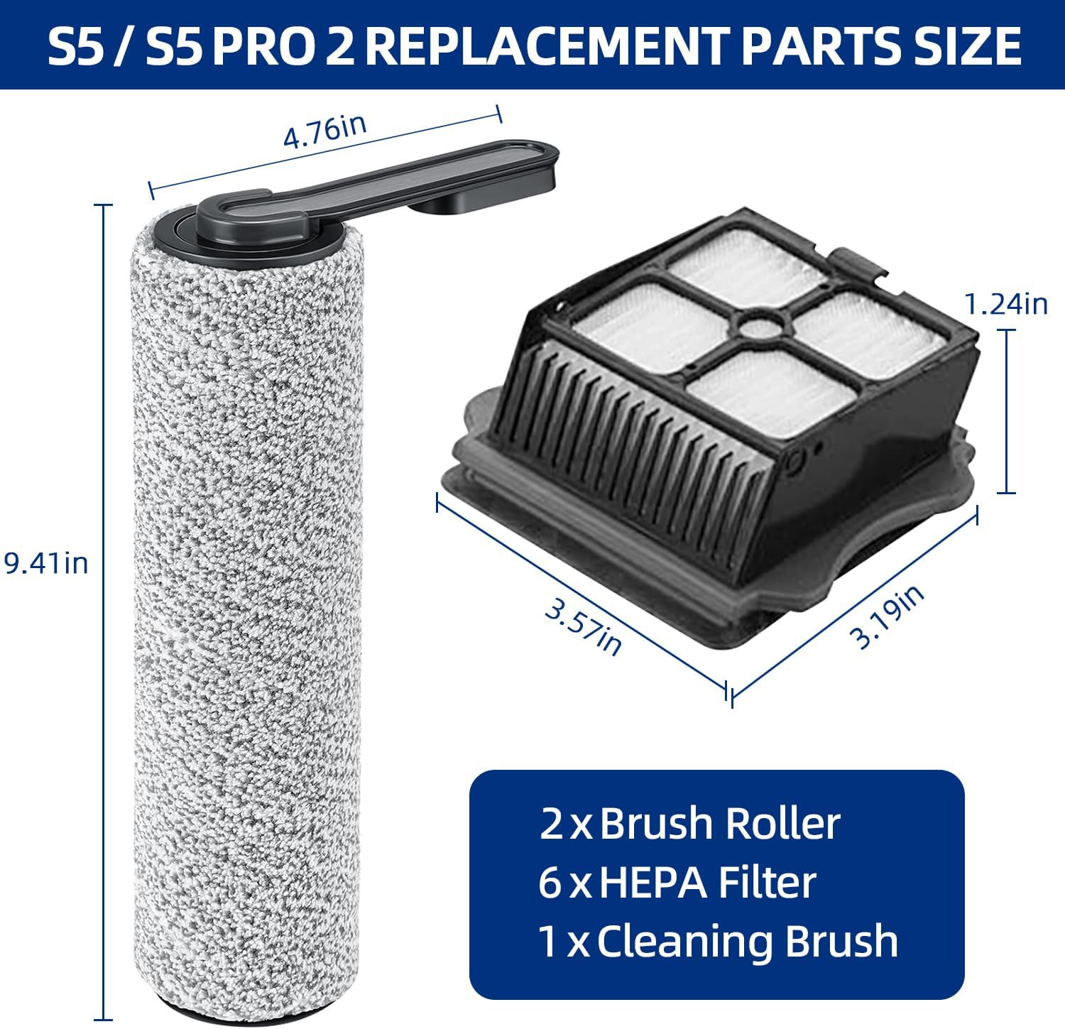 Floor ONE S5 Brush Roller and HEPA Filter Replacement, Compatible with Tineco S5 / S5 Pro /S5 Pro 2 / S5 Blue Cordless Wet Dry Vacuum Cleaner - 2 Brush Rollers + 6 Vacuum Filters + 1 Cleaning Tool