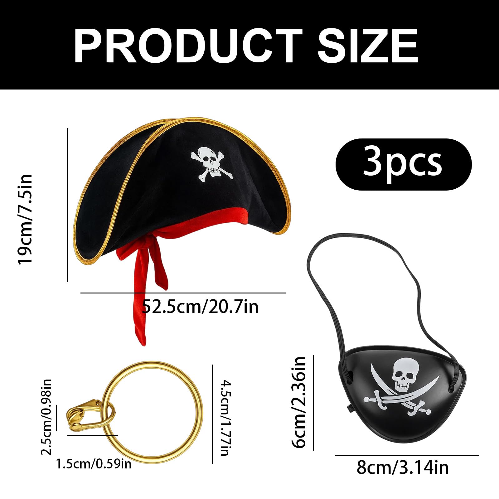 3 Pcs Pirate Accessories Set, Halloween Pirate Costume with Pirate Hat, Eye Patch and Earrings, Hat Adult and Kids for - Image 2