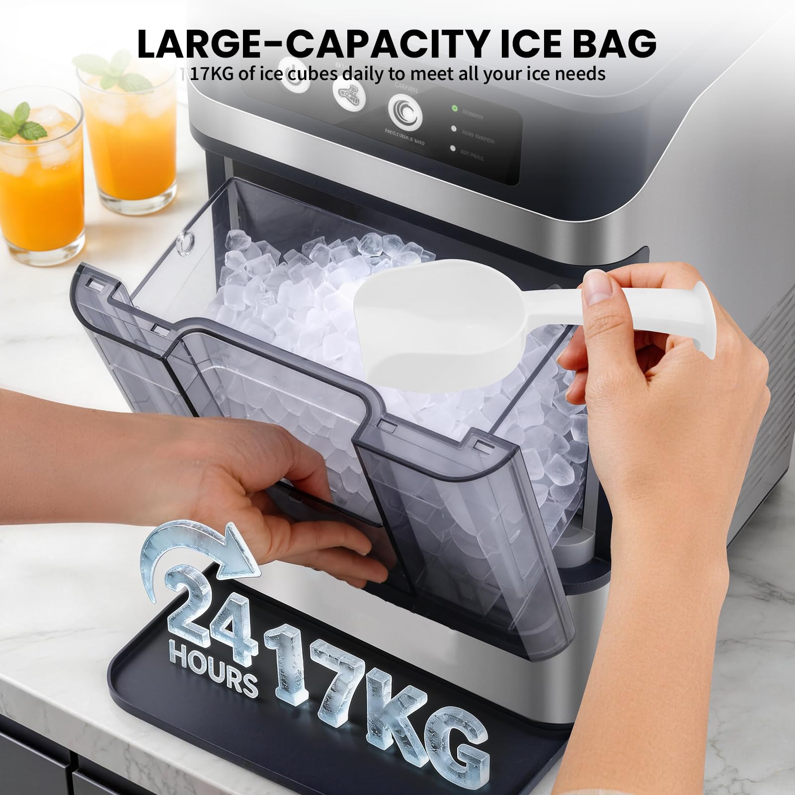 Eiswürfelmaschine 15kg/24h – Nugget-Eis in 6 Min, Crushed Ice, automatische Reinigung, 120W, mit Infrarot-Sensor, energiesparend, Schwarz