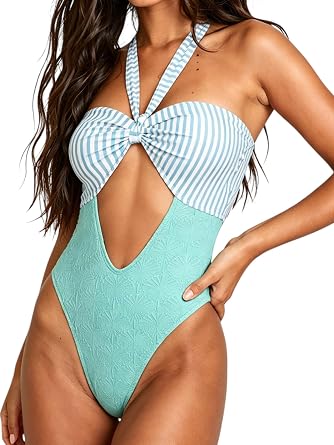 Womens One Piece Swimsuit Halter Neck Cutout Monokini Back Self Tie Bathing Suits Textured Swimwear