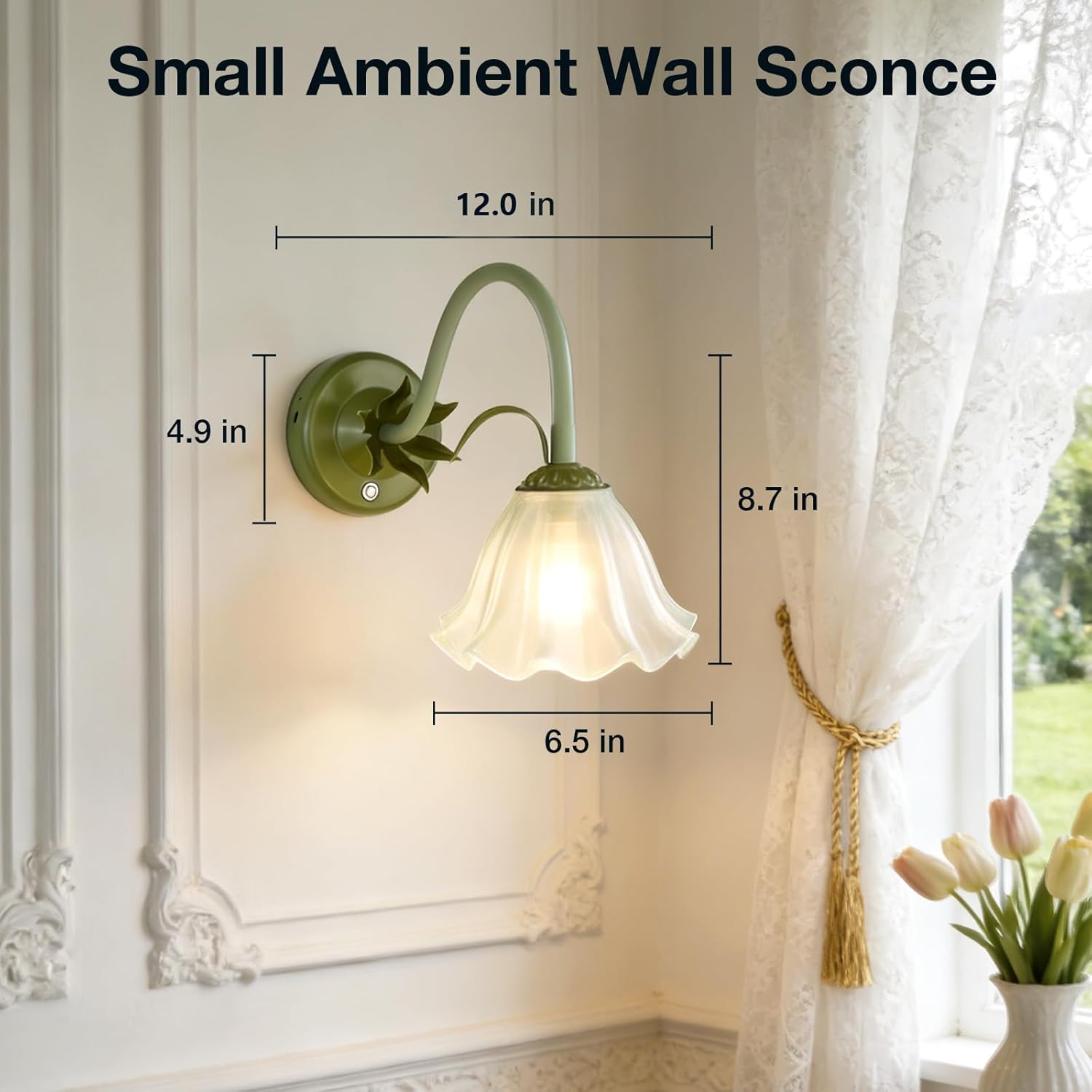 Battery Operated Cordless Flower Wall Sconce Set of 2 (Green), Stepless Dimming Magnetic Wireless Wall Lamp, 5200mAh Rechargeable Battery, for Living Room Bedroom Hallway Corridor
