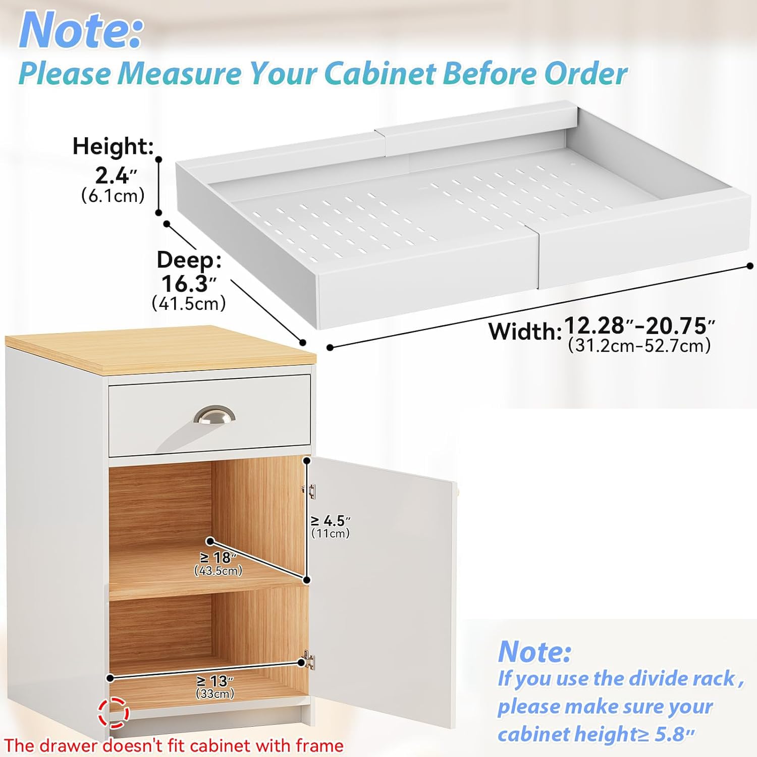 HEYOUTH Teleskopschublade,Ausziehbare Schublade Küche,Ausziehbarer schrank organizer,Pull out drawer,Metall Slide out drawer,Kein Bohren und Nageln Erforderlich (weiß, 32-52CM)