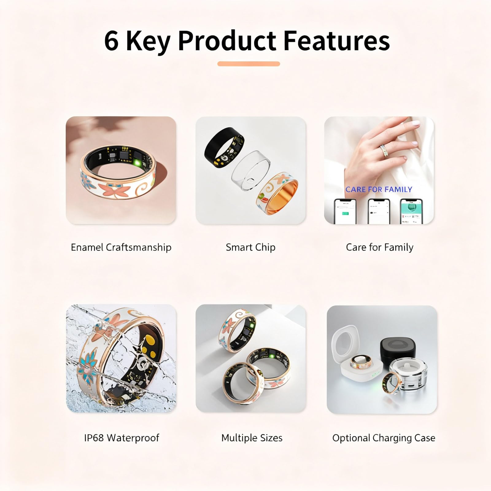 Anello intelligente per donne e uomini, anello IP68 impermeabile per fitness tracker di salute, monitoraggio del sonno e dell'attività, ricarica wireless, fotografia a distanza, senza costi mensili