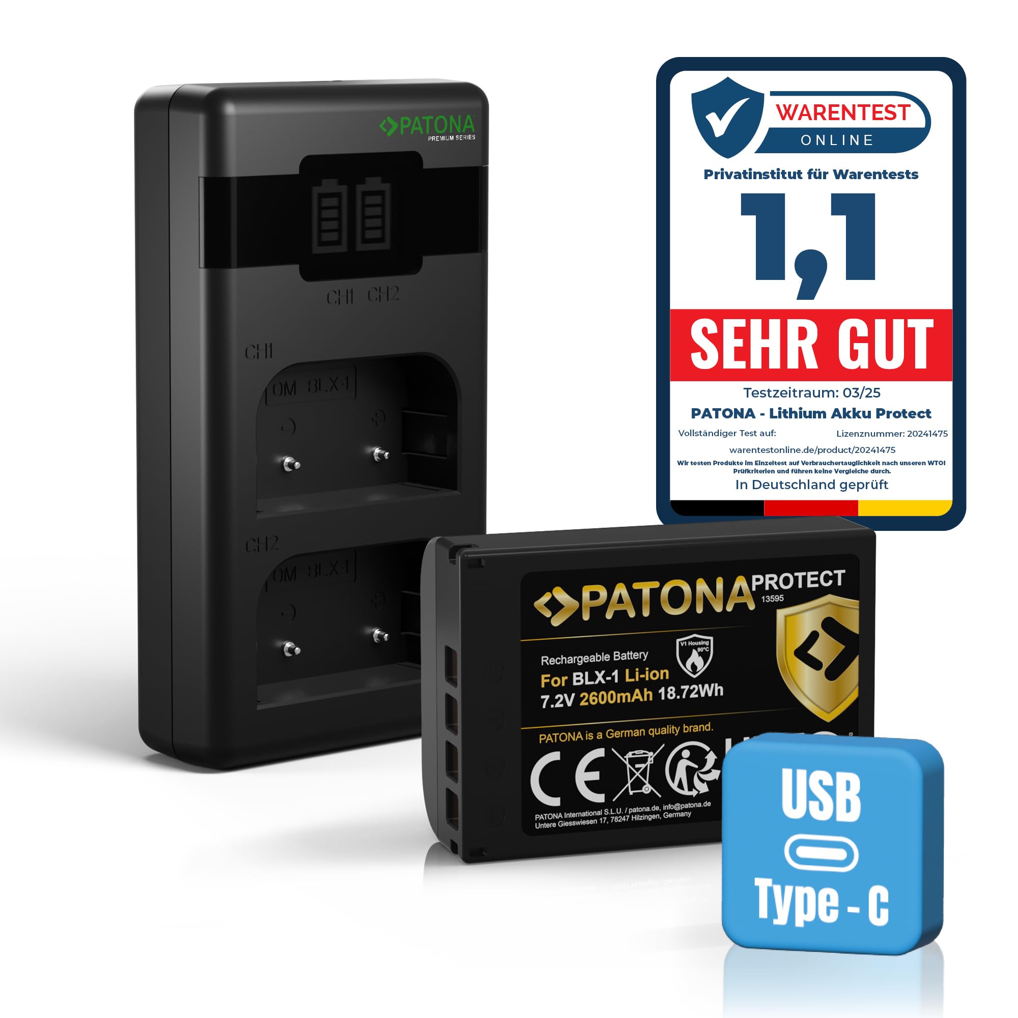 PATONA Set - BLX-1 Protect Akku 2600mAh mit PD Dual Ladegerät USB-C LCD