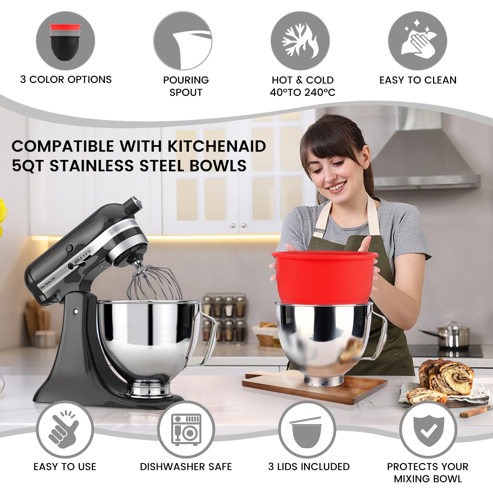 Accessoires pour bols mélangeurs en silicone compatibles avec KitchenAid 4,8 L les mixeurs, comprenant 3 bols et couvercles, lavables au lave-vaisselle