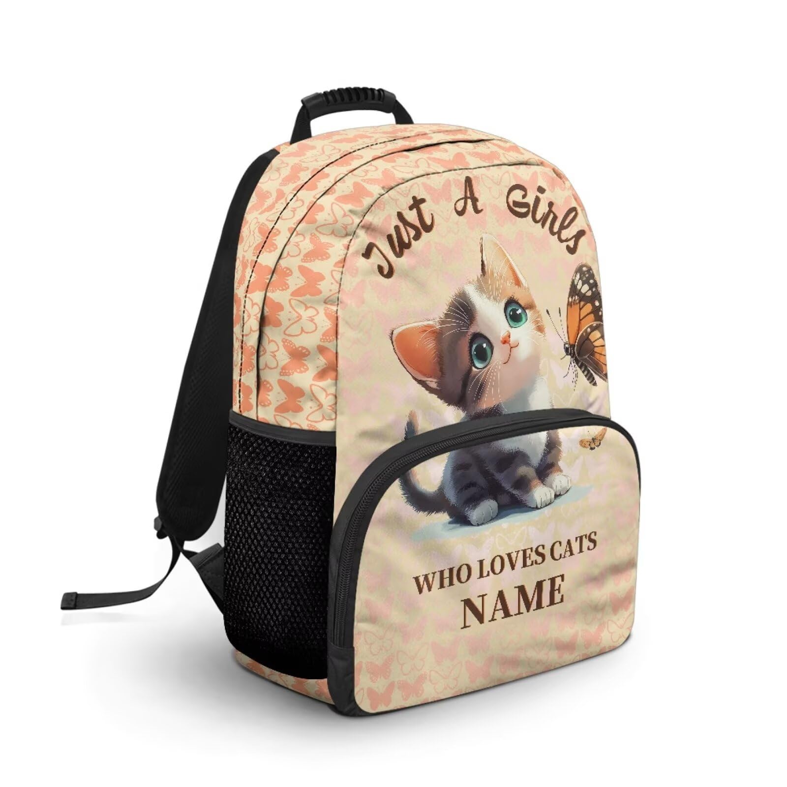 COEQINE Mochila personalizada para niñas para la escuela, mochila de 15 pulgadas para niños, mochila escolar preescolar para niñas pequeñas a las que les gusta el gato con nombre, mochila de viaje