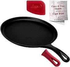 Cast Iron Round Griddle – 10.5” Crepe Pan - Pre-Seasoned Skillet with Silicone Handle Grip – Grill, Oven, Stove Top and Induction Safe