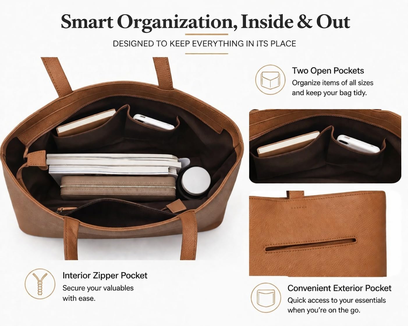 Men’s Top Grain Leather Work Tote Bag, Minimalist Pebbled Laptop Shoulder Bag with Zipper for Office, Business & Travel