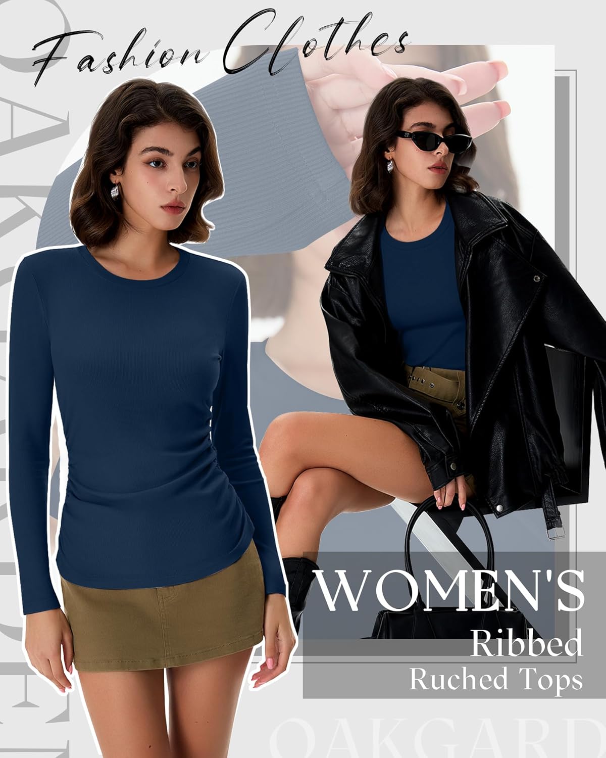 3 Pack Women's Ribbed Long Sleeve Shirts Cotton Crew Neck Ribbed Tops Ruched Slim Fit Undershirts Casual Basic Tee - Image 6