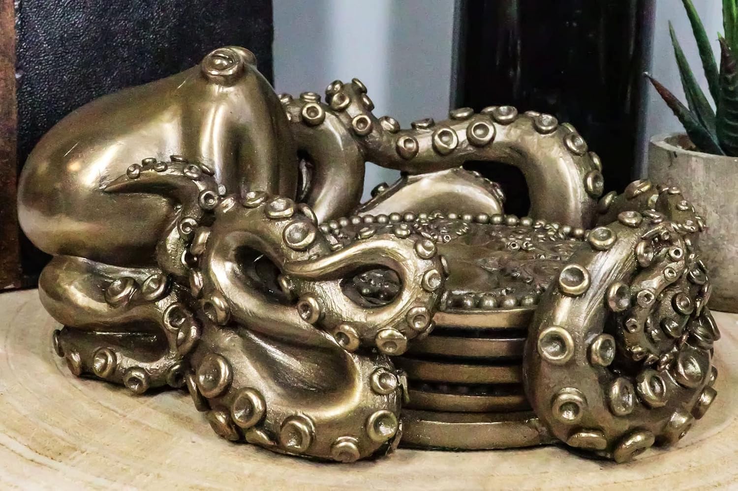 Ebros Bronze Finish Resin Nautical Giant Kraken Octopus Coaster Holder Figurine with 4 Round Coasters Table Decor Set Mythical Fantasy Statue