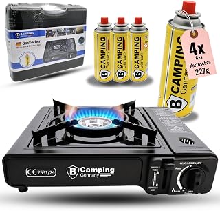 Gaskocher Camping 1-flammig mit 4x 227g Gaskartuschen & Piezozündung | Notfall Ausrüstung, Mobiler Campingkocher inkl. Tragekoffer, Kartuschenkocher, Gasherd, Gasbrenner Outdoor Reisen Festival