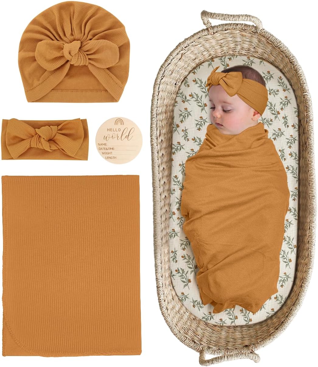 Stretchy Baby Swaddle Blanket and Headband Set, Newborn Receiving Blankets with Matching Hat for Nursery Swaddle Wrap