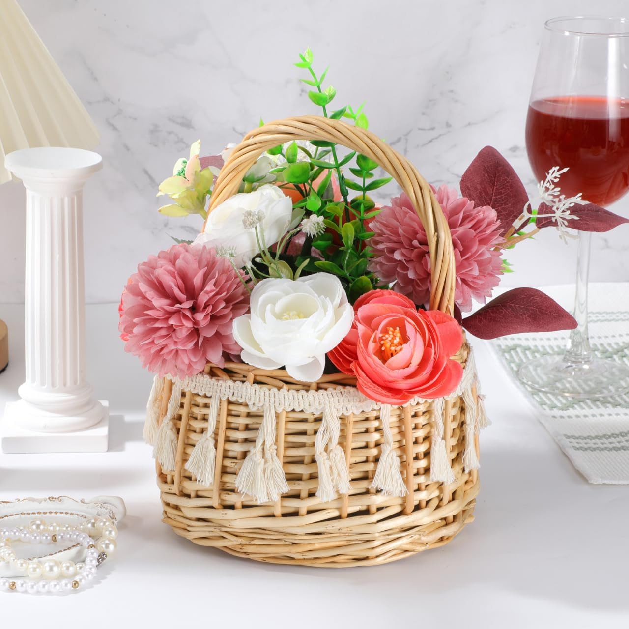 Small Woven Flower Girl Basket with Handle, 8.3 Inch Rustic Wicker Easter Egg Hunt Basket for Toddlers, Boho Rattan Flower Basket with Plastic Liner for Wedding Ceremony