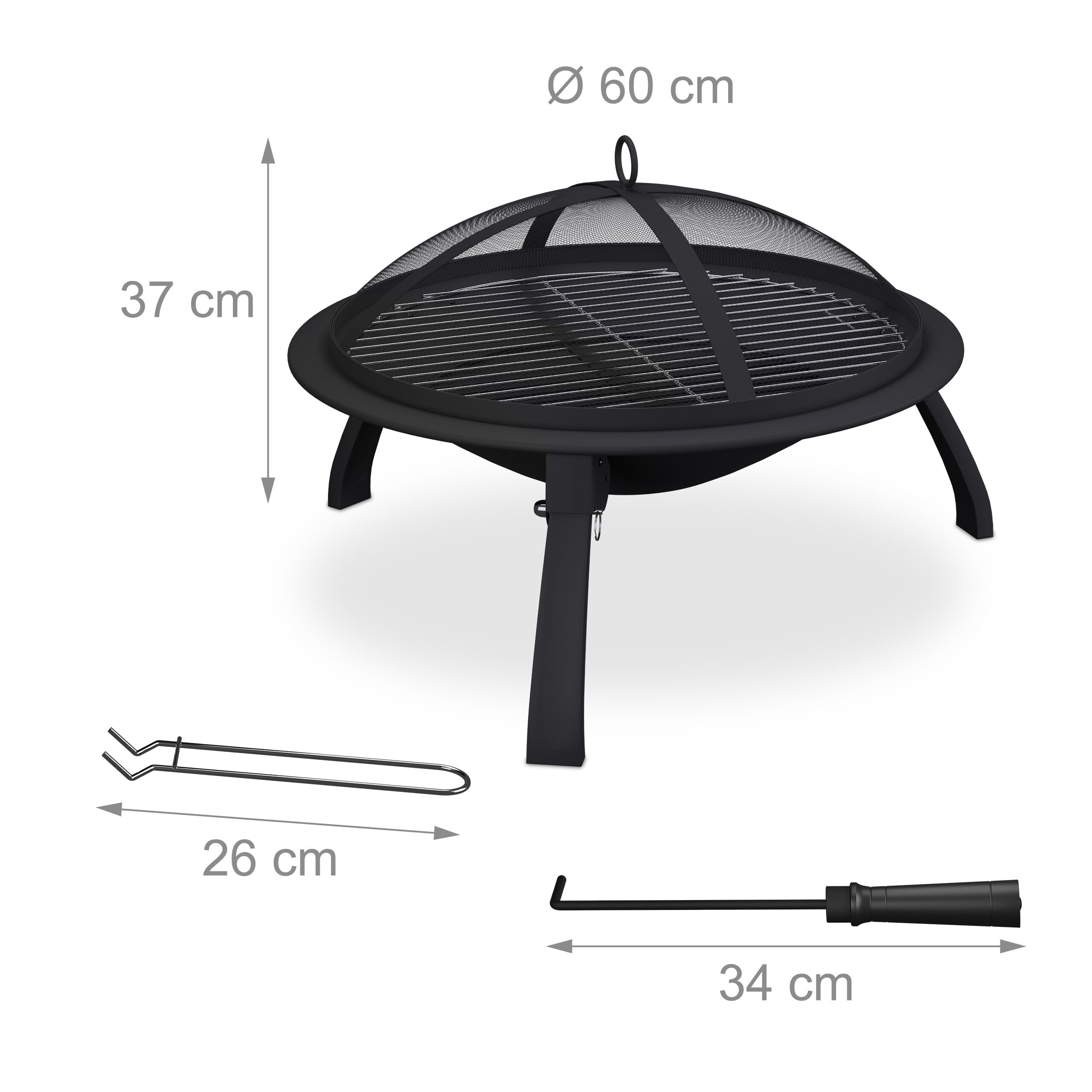 Relaxdays Braciere da Esterno con Parascintille, Griglia e Attizzatoio, Grill da Giardino e Terrazzo, D: 51 cm, Nero
