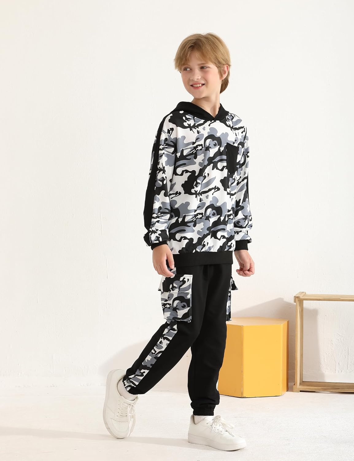 Boys Clothes Camouflage Patchwork Long-Sleeved Hooded Sportswear, Camouflage Sports Pants,Boys Outfits - Image 5