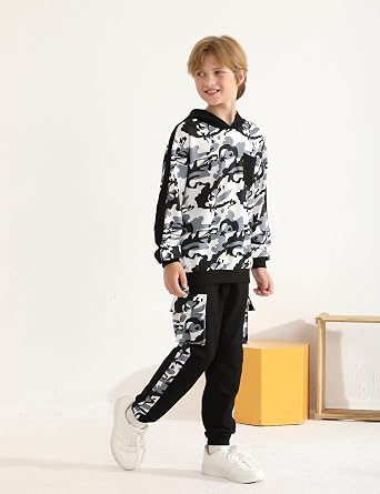 Boys Clothes Camouflage Patchwork Long-Sleeved Hooded Sportswear, Camouflage Sports Pants,Boys Outfits