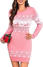 Totatuit Christmas Dress Women's Knitted Dress with Reindeer Motif Long Sleeve Winter Dress for Christmas Festive Outfit Party