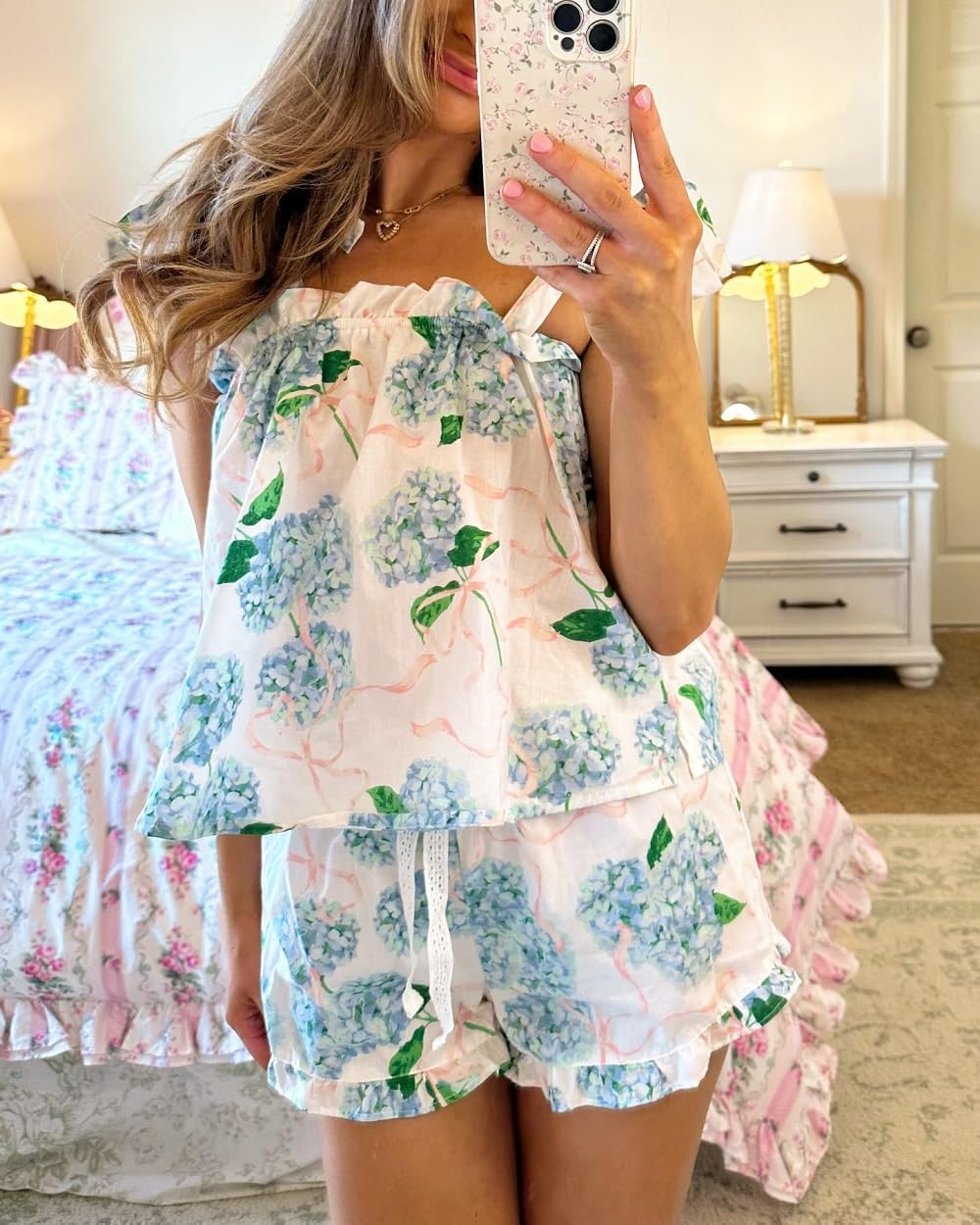 Women Floral Print Shorts Set Tie Shoulder Babydoll Tank Top Ruffle Lounge Shorts Cute 2 Piece Pajamas Set Sleepwear - Image 4