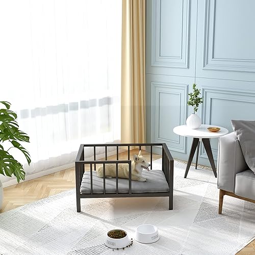 Miniatura 8 de Cama para perros con rieles, marco de cama elevado de metal para mascotas con tablero de madera maciza y tapete suave lavable para perros pequeños