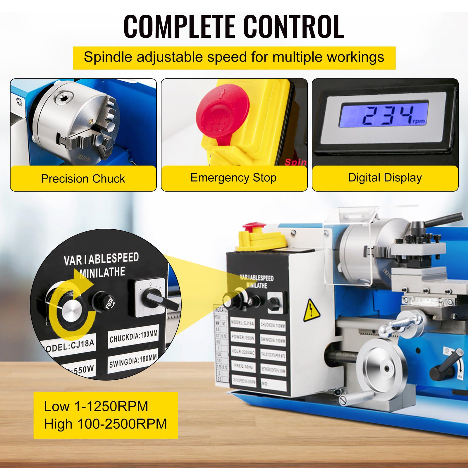 550W Mini Torno Paralelo de Metal 180x350mm de Alta Precisión con Portabrocas de 3 Mordazas y Velocidad de Husillo 50-2500 rpm para Roscado, Torneado y Taladrado (Engrane Metálico)