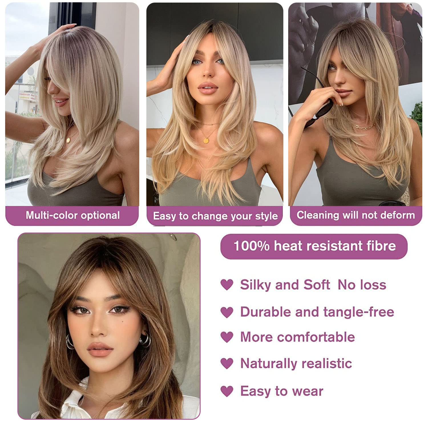 Brown Wig With Bangs Layered Wigs for Women Ombre Brown Color Wig Long Straight Heat Resistant Synthetic Fibre Wigs Natural Looking Bangs Wig for Daily Party Use(Ombre Brown) - Image 4
