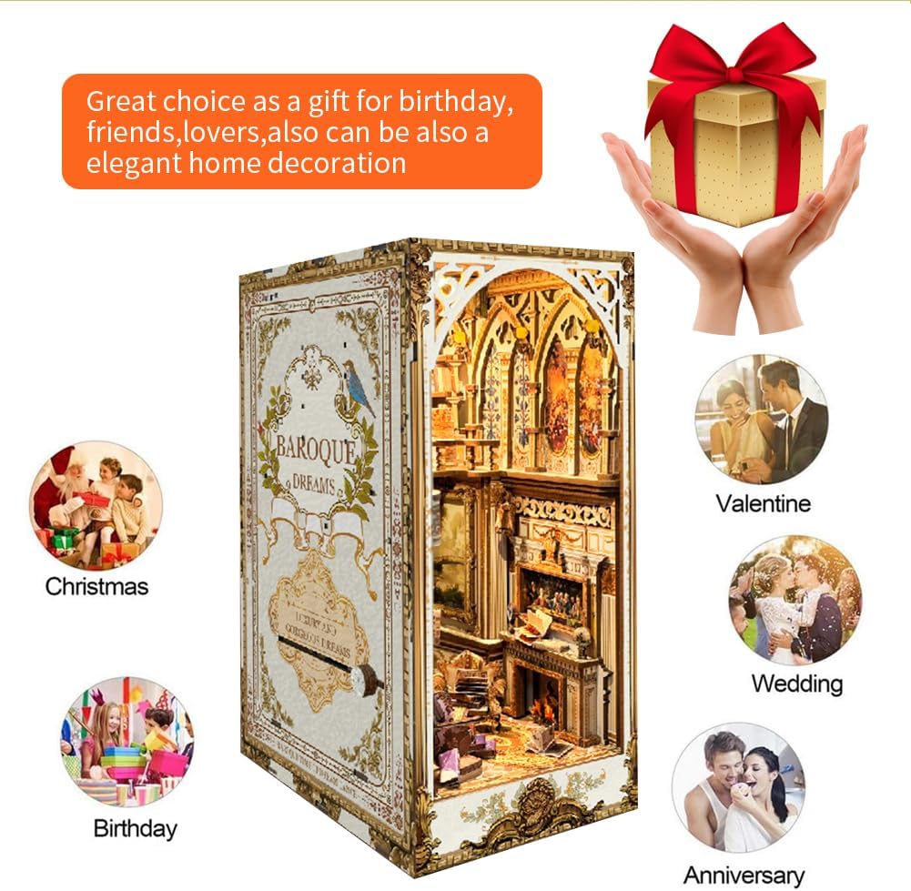 DIY Book Nook Kit 3D Wooden Book Stand Puzzle DIY Dollhouse Wood Bookends Building Model Puzzle Toy with LED Light for Teens and Adults Building Creative Gifts (SQ21)