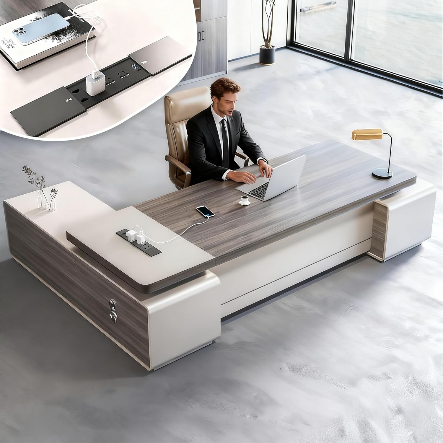 Modern L Shaped Executive Desk with Shelves and Storage Cabinet, Multifunctional Socket, Home Office Desks, Modern Executive Desk, Management Working Table (Right cabinet, 95"L x 63"W x 29"H)