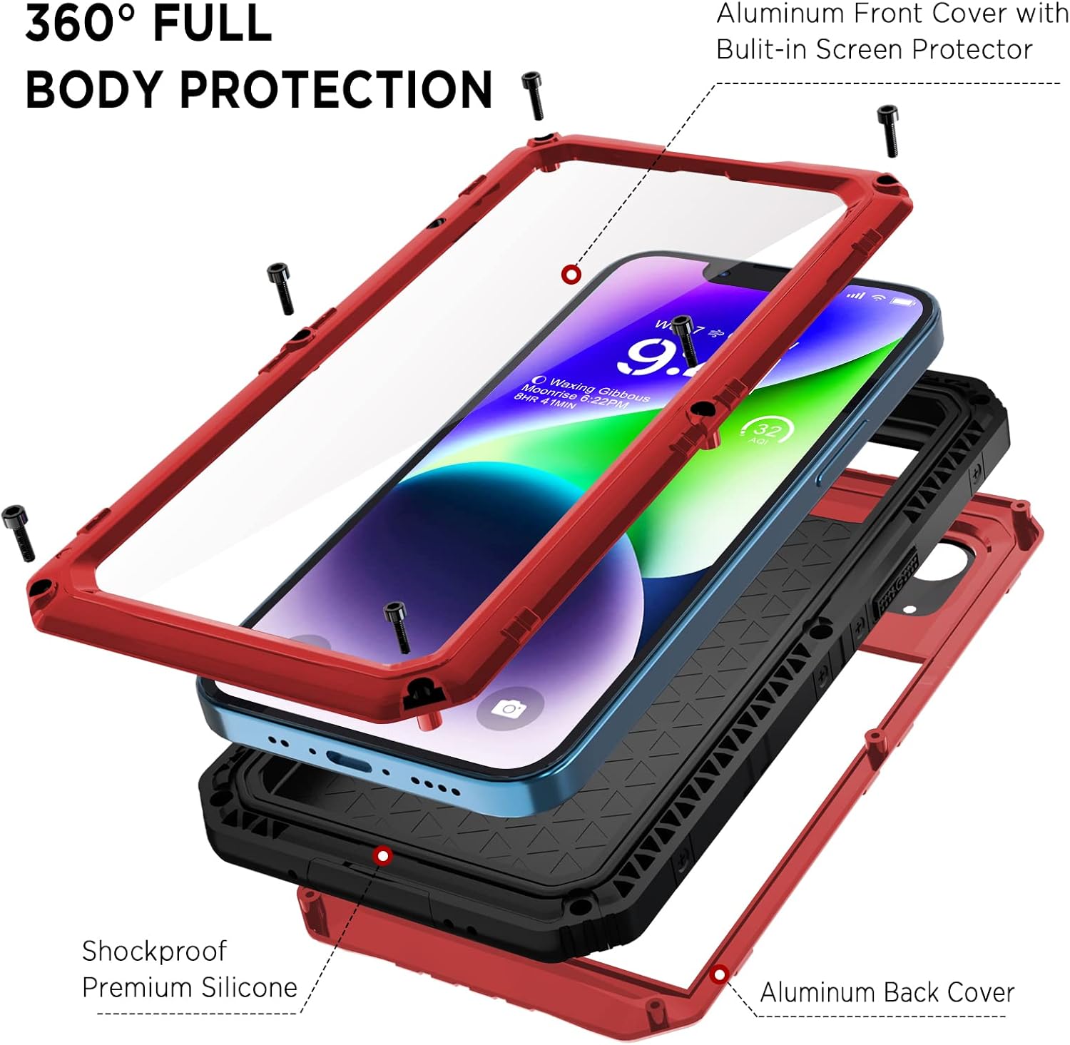 Beasyjoy for iPhone 14 Case Waterproof, Metal Heavy Duty Full Body Protective Case with Built-in Screen Protector, Military Grade Shockproof Dustproof Defender Rugged Cover 6.1 Inch, Red