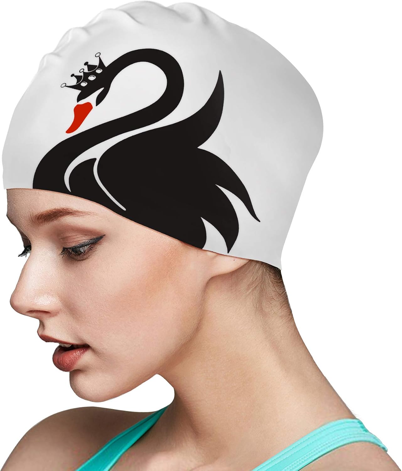 Swim Cap for Women Long Hair Curly Hair Solid Silicone Waterproof Bathing Swan Swimming Caps for Girls Adults Youths Black White