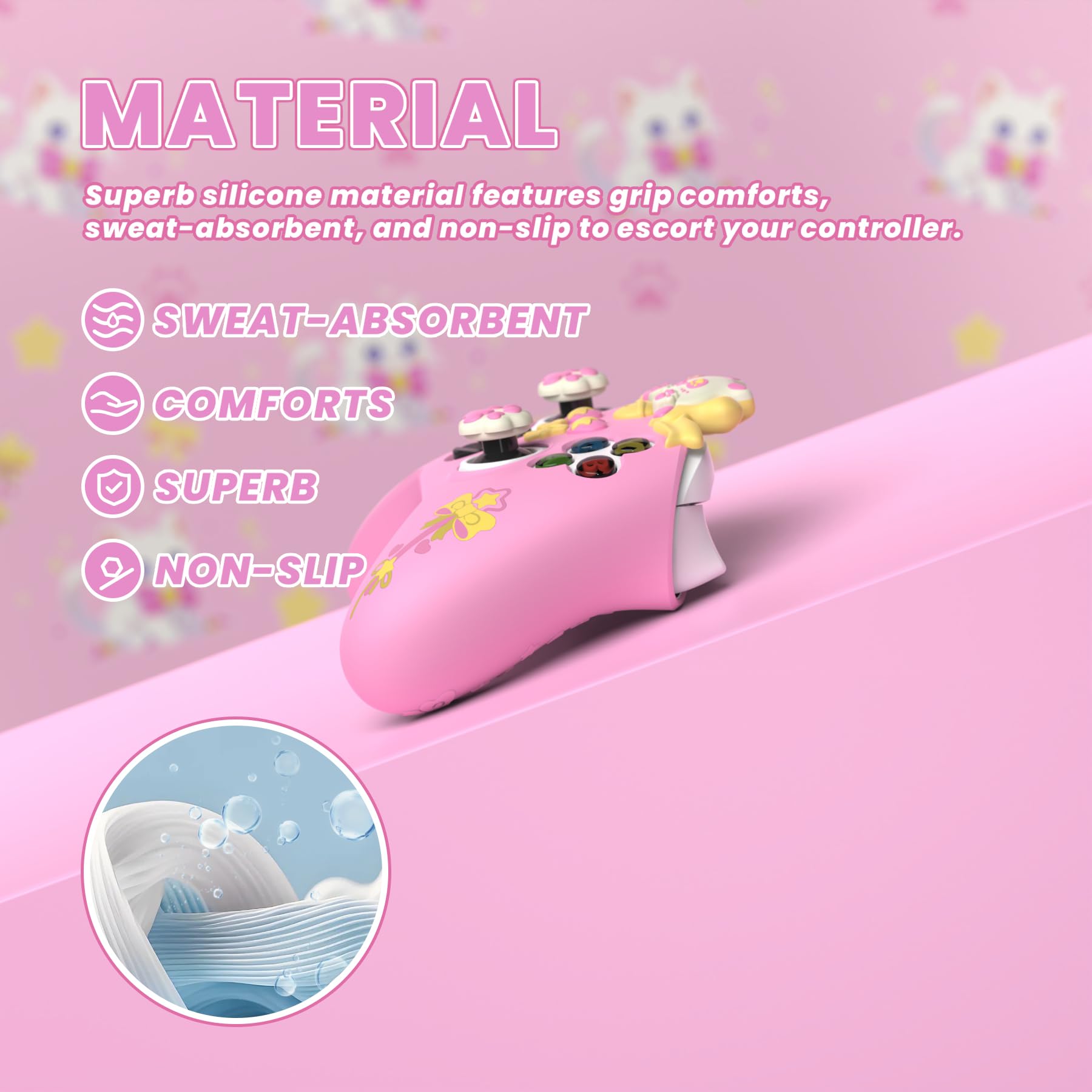 playvital Cover Silicone per Xbox Series X S Joystick,Custodia Controller Skin Antiscivolo Protettiva&6 Copri Levette Analogiche-Gattino Carino-Rosa
