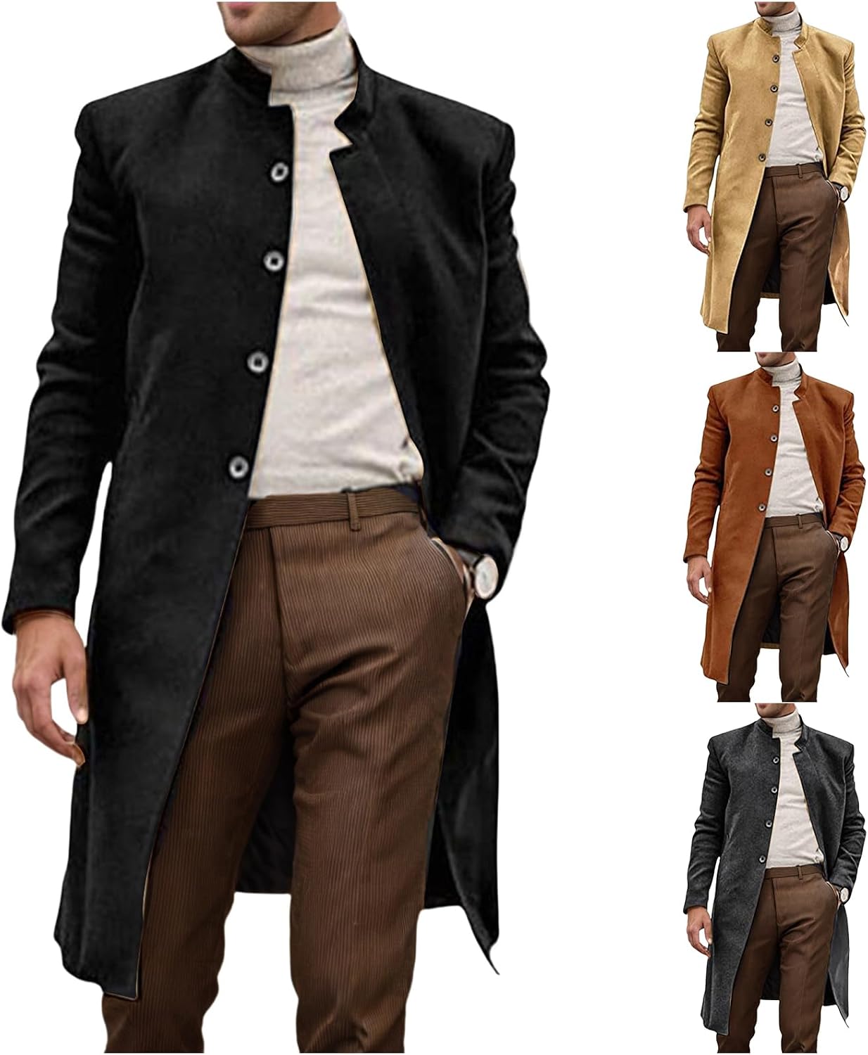 Mens Casual Trench Coat Winter Wool Blend Long Jacket Single Breasted Notched Collar Pea Coat Slim Fit Thick Overcoat