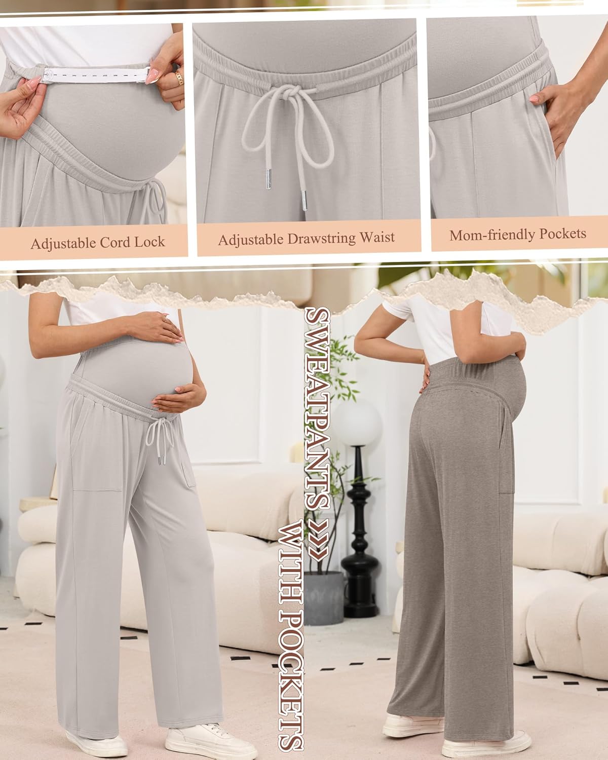 3 Pack Women's Maternity Pants Wide Leg Lounge Over The Belly Loose Drawstring Casual Pregnancy Pants with Pockets - Image 4