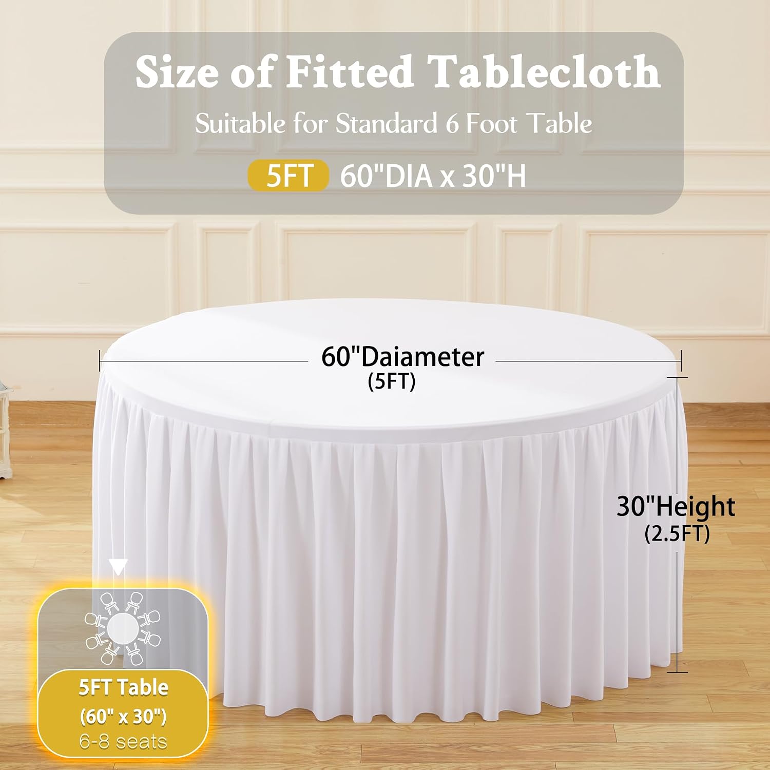 2 Pack White Round Tablecloth 60 inch Stretch Spandex Fitted Table Cloth 5FT Round Banquet Tablecloths Wrinkle Free Table Cover Stitch Circle Tablecloth with Ruffle Skirt for Party Wedding Birthday