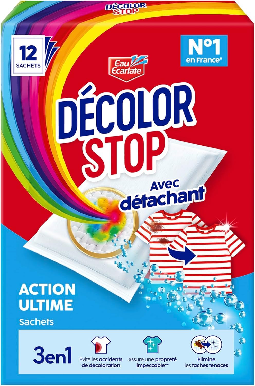 Decolor Stop - 3 en 1 - Avec Detachant - Action Ultime - Evite les Accidents de Decoloration - Assure une Proprete Impeccable - Elimine les Taches Tenaces - x72 Sachets