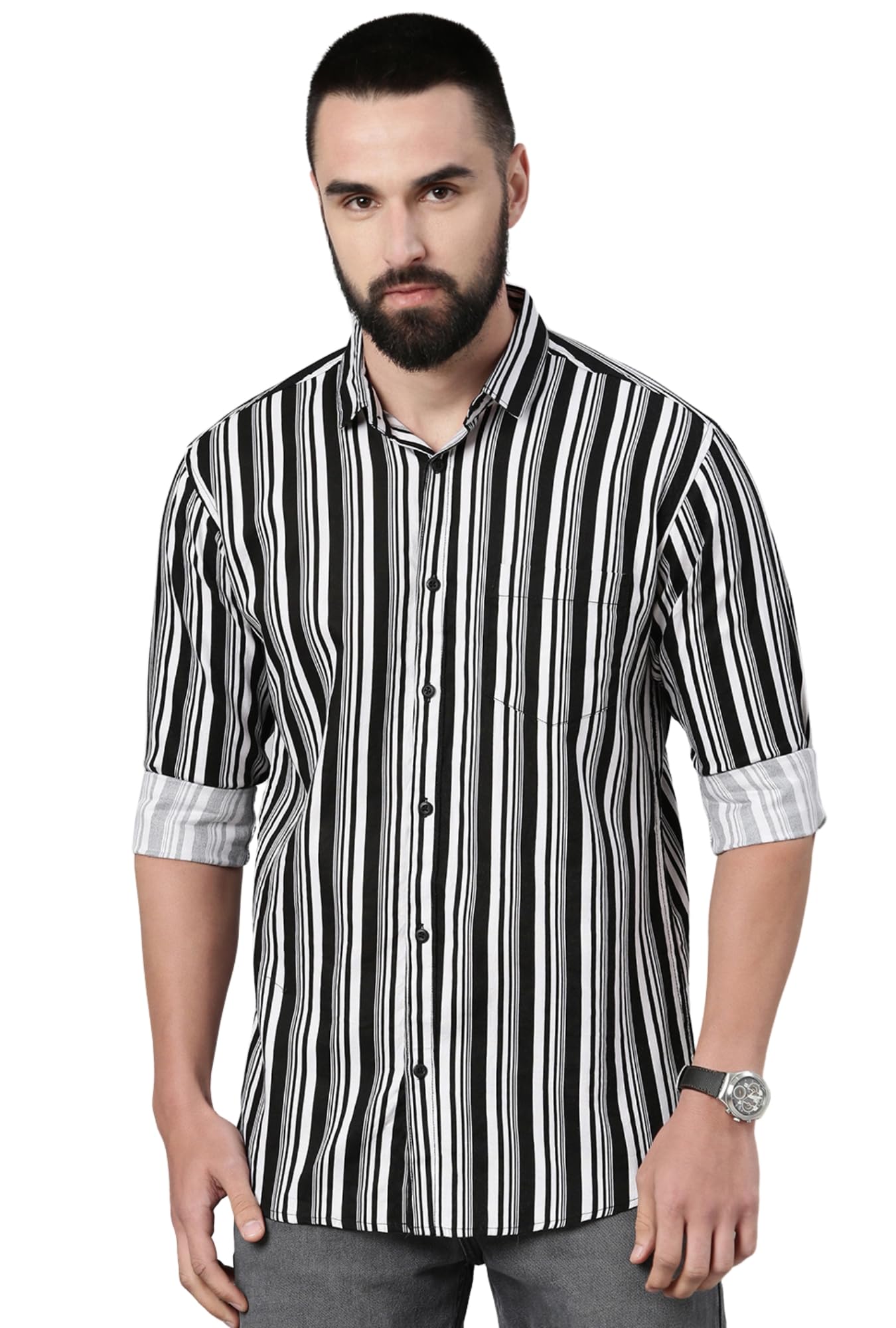 Majestic Man Men's Standard Slim Fit Striped Pure Cotton Casual Shirt