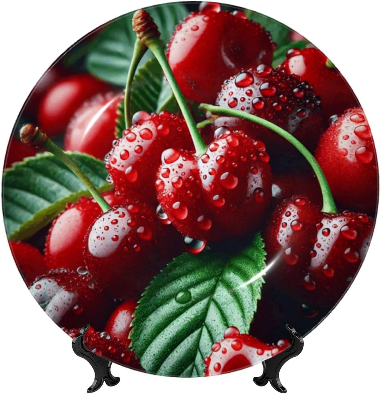 Fresh-Cherries 10 Inch Decorative Plate With Stand, Elegant Display Wall Plate For Home Decor