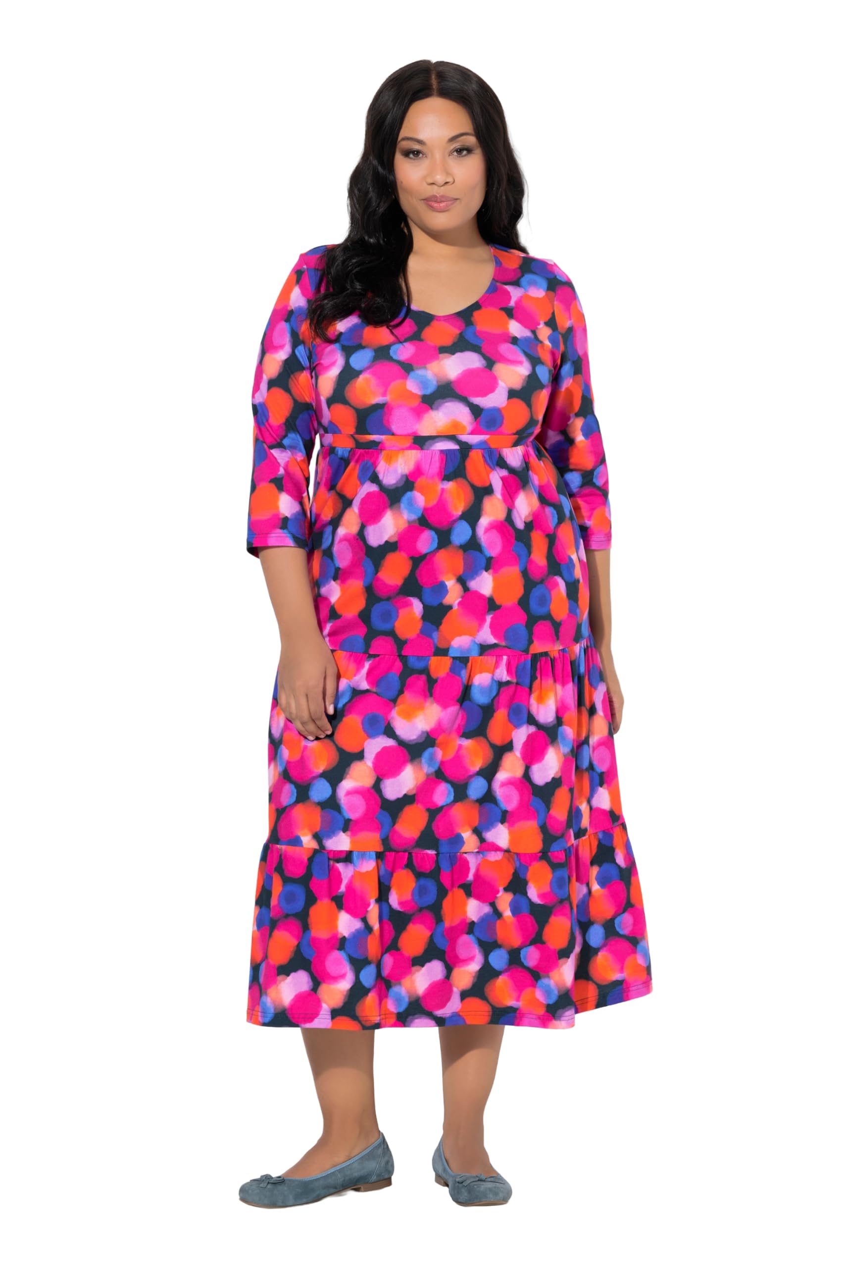Ulla Popken Damen große Größen Übergrößen Plus Size Maxikleid, Punkte, A-Linie, V-Ausschnitt, 3/4-Arm 847118