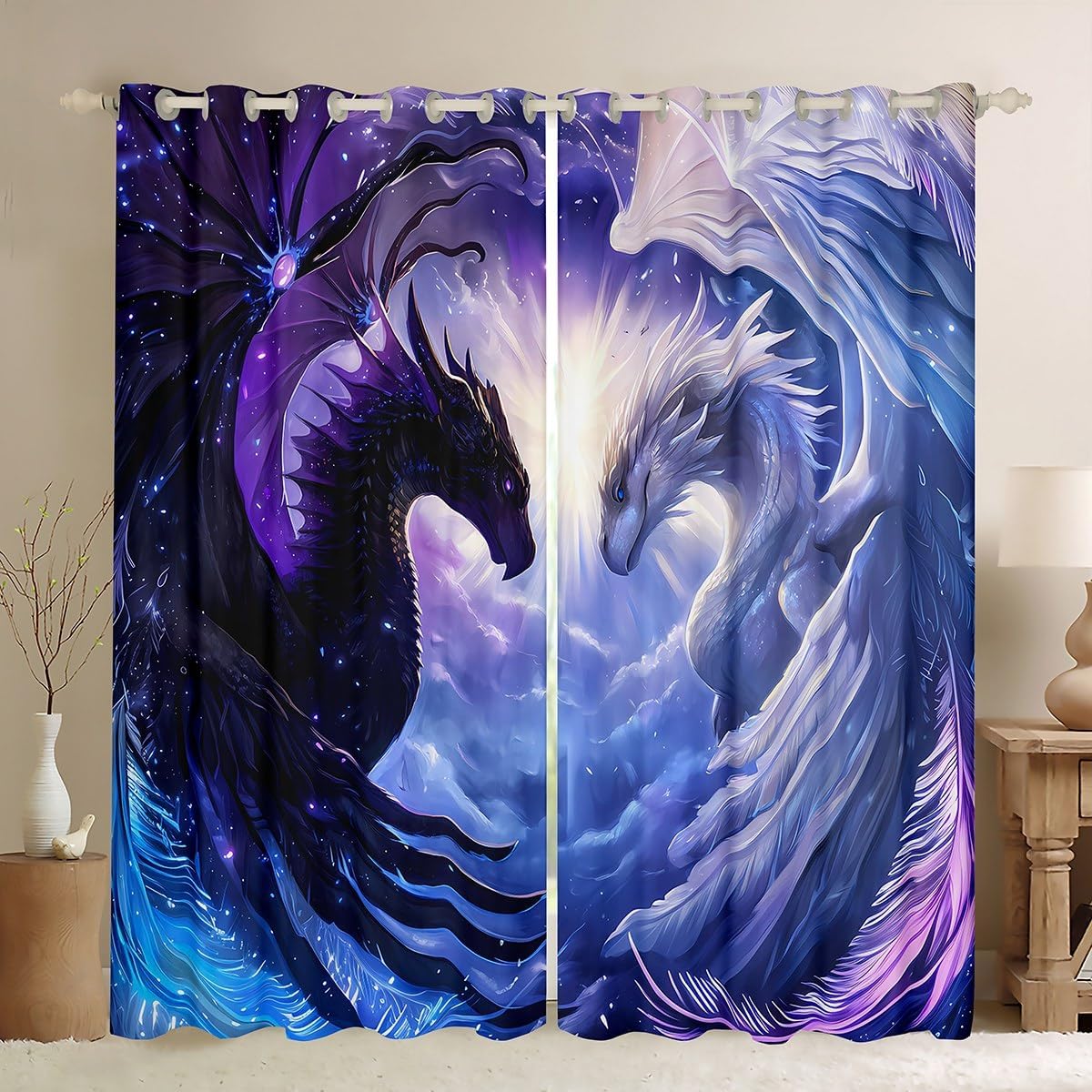Dragon Couple Window Curtains Gorgeous Animal Wings Darkening Blackout Curtains Magical Dragon Wildlife Window Treatments Dreamy Nebula Galaxy Grommet Top 2 Panel Set Drapes,38Wx45L