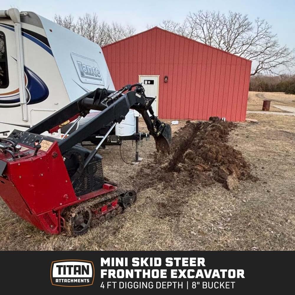 Titan Attachments Mini Skid Steer Fronthoe Backhoe Excavator Attachment with 8" Hydraulic Tilt Bucket, Toro Quick Tach Mounting System, Dig Small Ditches, Trenches, and More