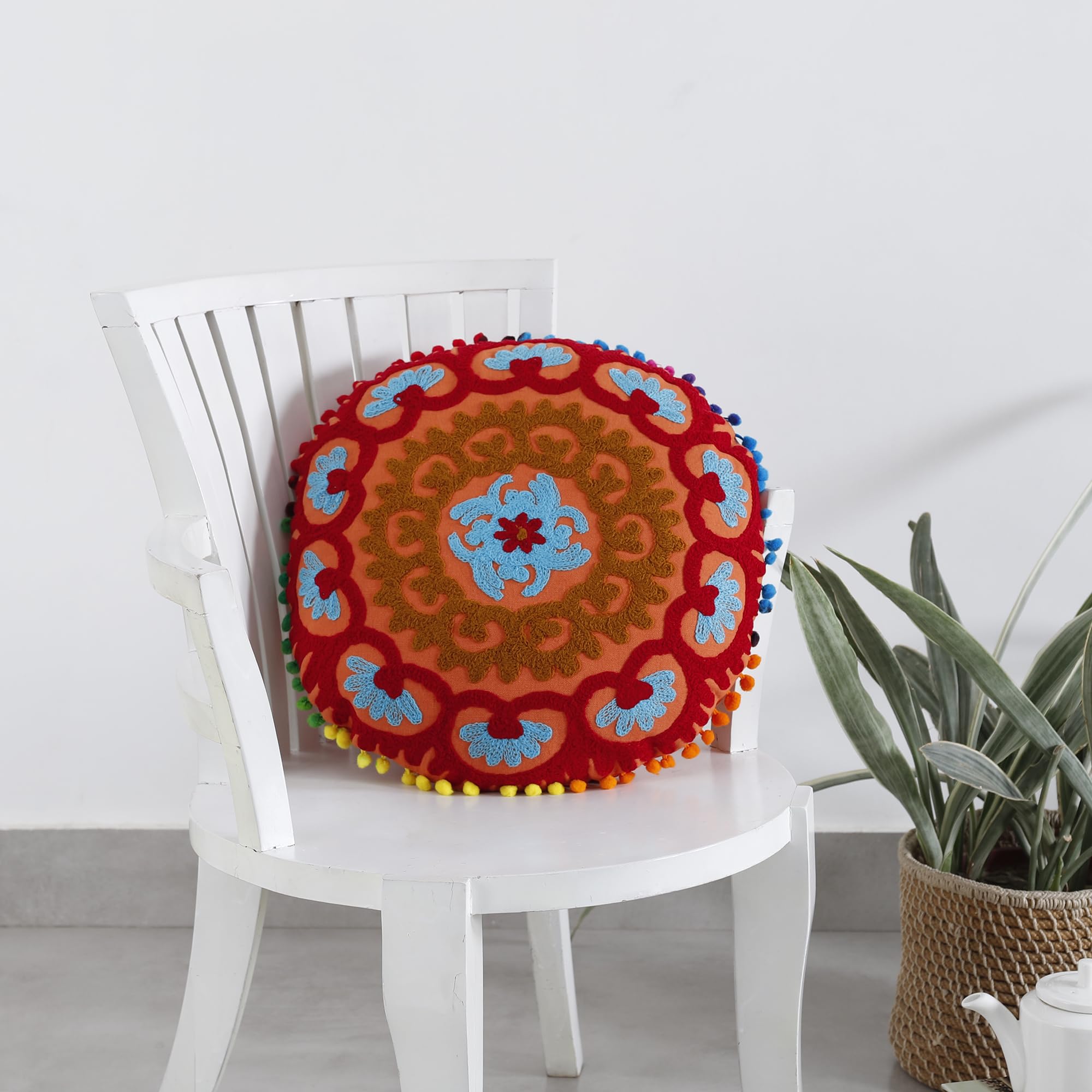 Ravaiyaa - Attitude is everything Embroidered Suzani Cushion Cover Home, Car, Office, Hotel Etc. Decor 16" Round Pillow Case (Orange)