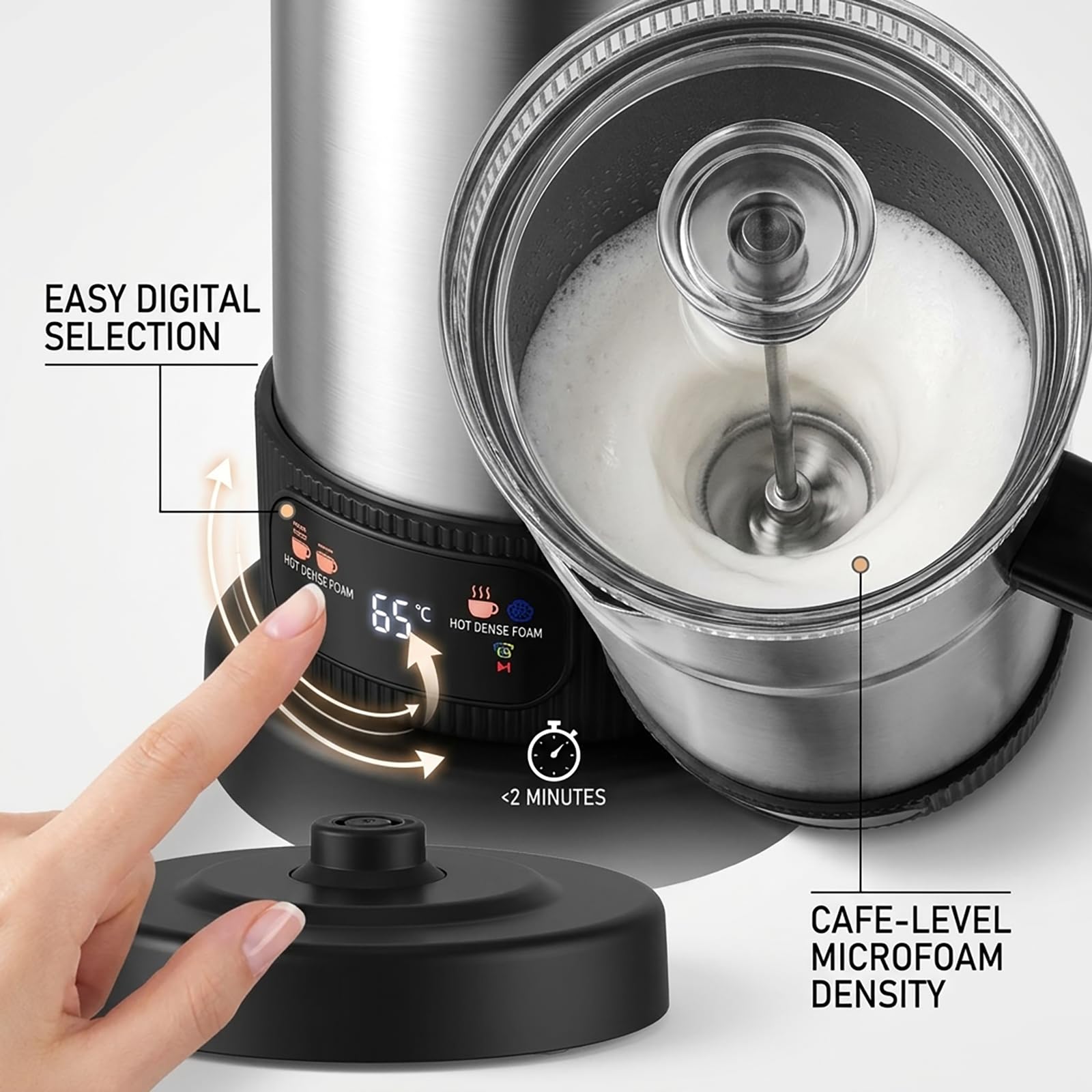 Espumador de Leche Eléctrico, 4 en 1, Hacedor de Espuma Caliente y Fría con Pantalla Táctil y Temperatura Ajustable 60-70°C, Interior Antiadherente de Acero Inoxidable, para Latte, Capuchino Macchiato