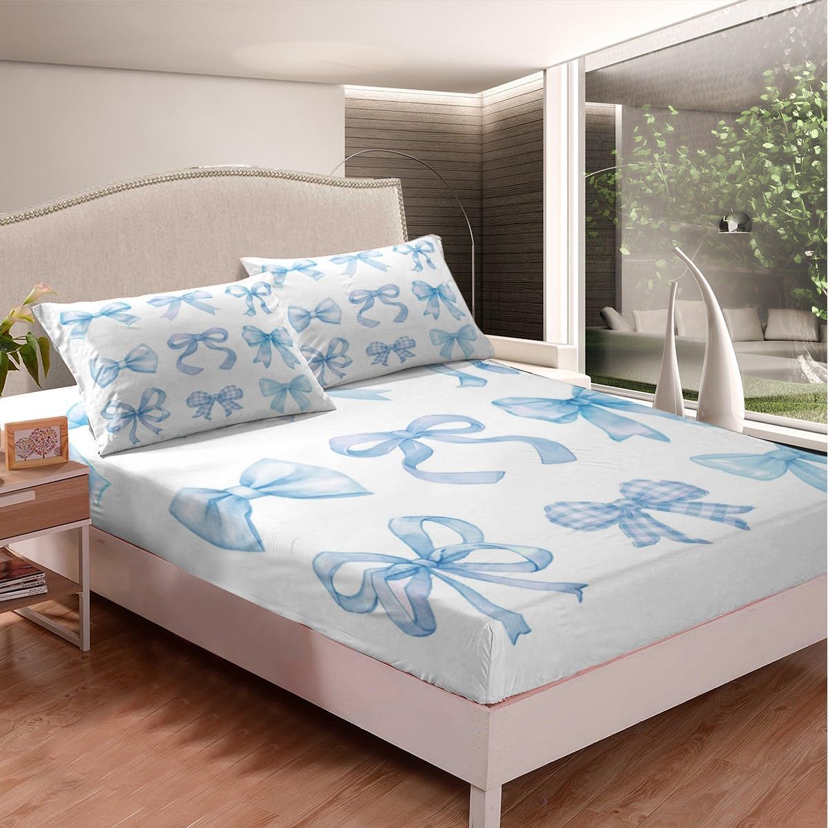 jejeloiu Blue Bow Bed Sheets Set for Kids Girls Twin Size Girly Fitted Sheet Ultra Soft Bowknot Bedding Set Cute Coquette Bow Knot Bedding Collection