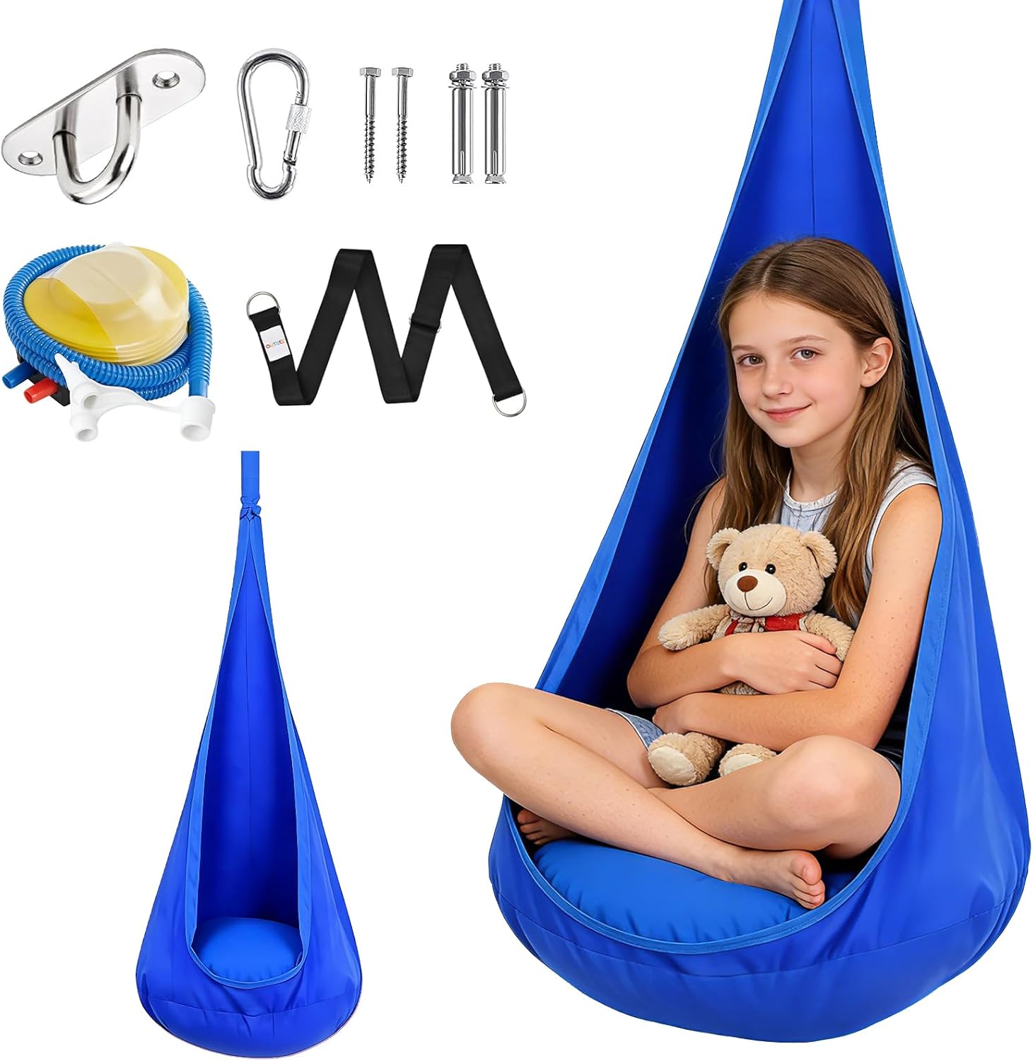 Kids Pod Swing Seat Max 330 Lbs, Child Sensory Swing Hammock Chair for Indoor & Outdoor with Inflatable Cushion, Therapy Swing for Aspergers, Autism, ADHD, SPD Calming, Includes Hanger Hardware Kit