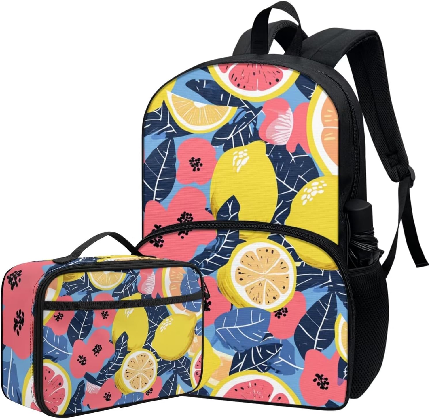 Modysero Lightweight School Backpack Set for Girls Boys Lemon Bookbag Comfy Padded Soft Kids Daypack with Lunch Box