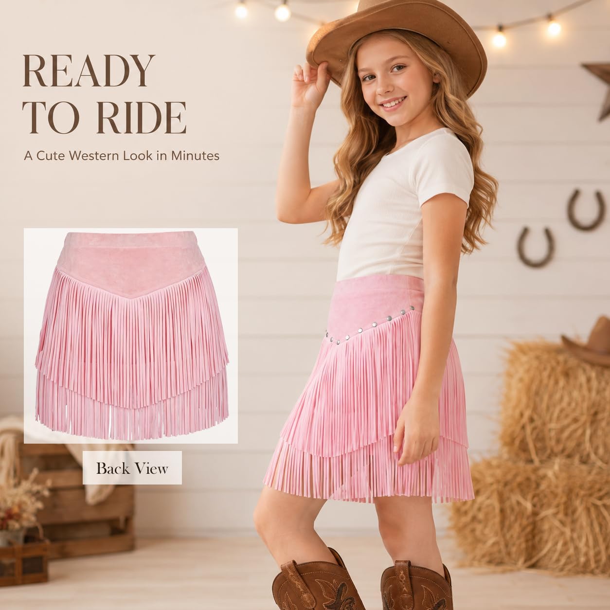 Girls Faux Suede Fringe Skirt Western Cowgirl High Waist Tassel Mini Skirt for Rodeo Country Concert 5-12 Years