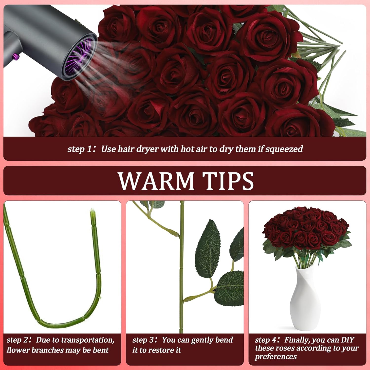 30pcs Fake Roses Artificial Silk Flowers Long Stems Bouquet for Wedding Bridal Shower Party Home Decoration (Wine Red) - Image 2