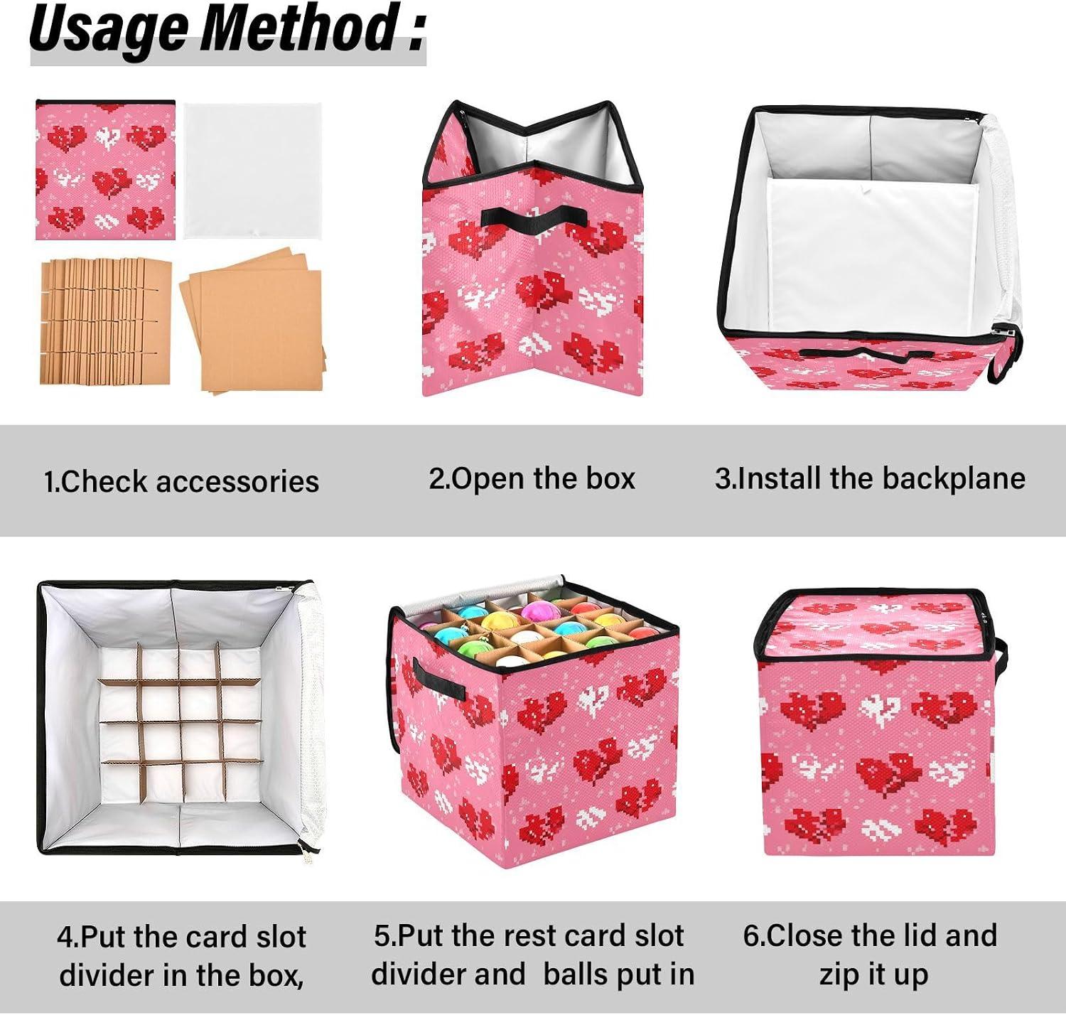 OTVEE Christmas Ornament Storage Box Holiday Decoration Organizer Stores upto 64 Holiday Ornaments Adjustable Dividers Tear-Proof Fabric Colorful Pixel Heart Decor