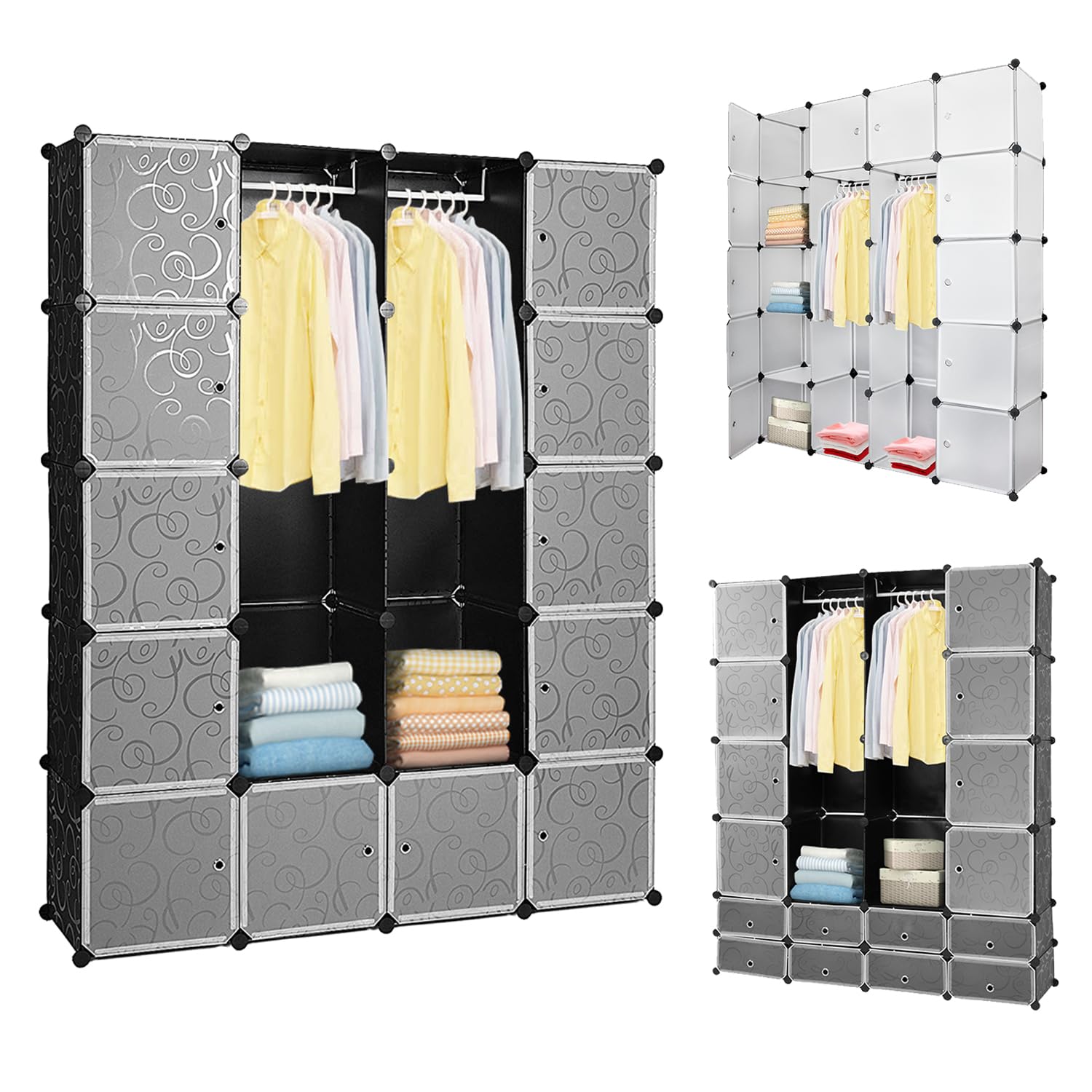Eulenke Armario de Cubos de plástico: Sistema de 16 Cubos de plástico Resistente, 2 Barras para Ropa, 8 Puertas y vestidor. Capacidad de 10 kg por Cubo. Montaje fácil, Accesorios incluidos.