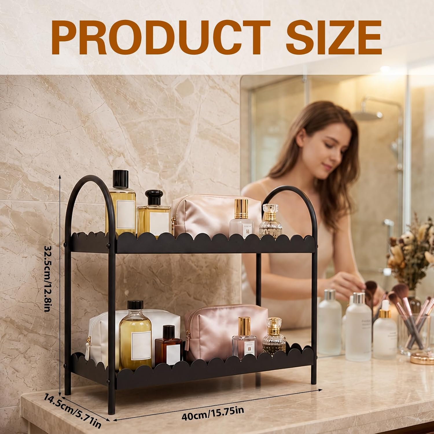 Hicarer 2 Tier Metal Bathroom Countertop Organizer with Scalloped 15.7"W Edge Black Iron Vanity Shelf for Skincare Perfume & Makeup Storage Countertop Organizer for Bathroom Kitchen and Coffee Station