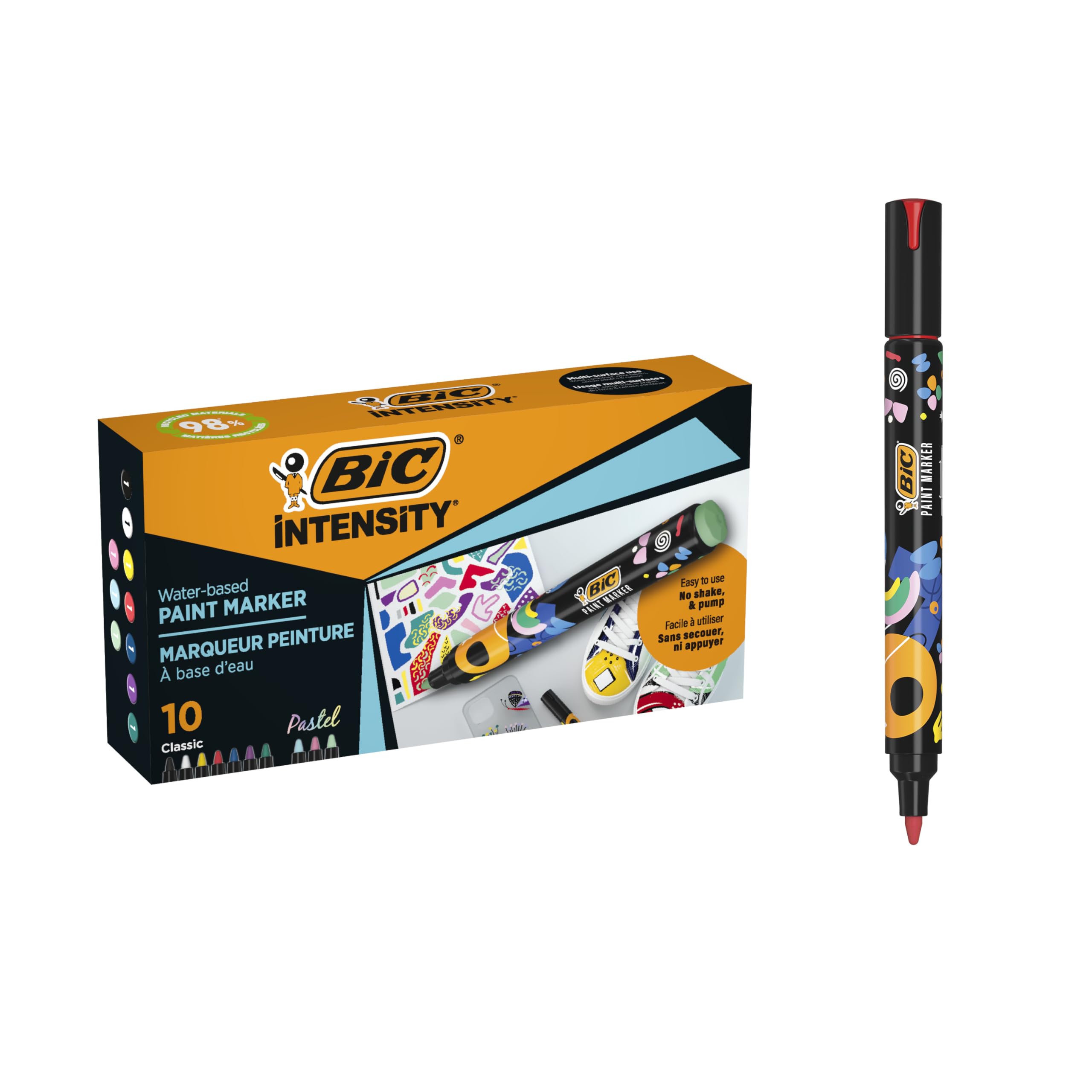 BIC Intensity Paint Markers Medium Bullet Nib for Multiple Surfaces, Non-Toxic - Assorted Classic and Pastel Colours, Box of 10